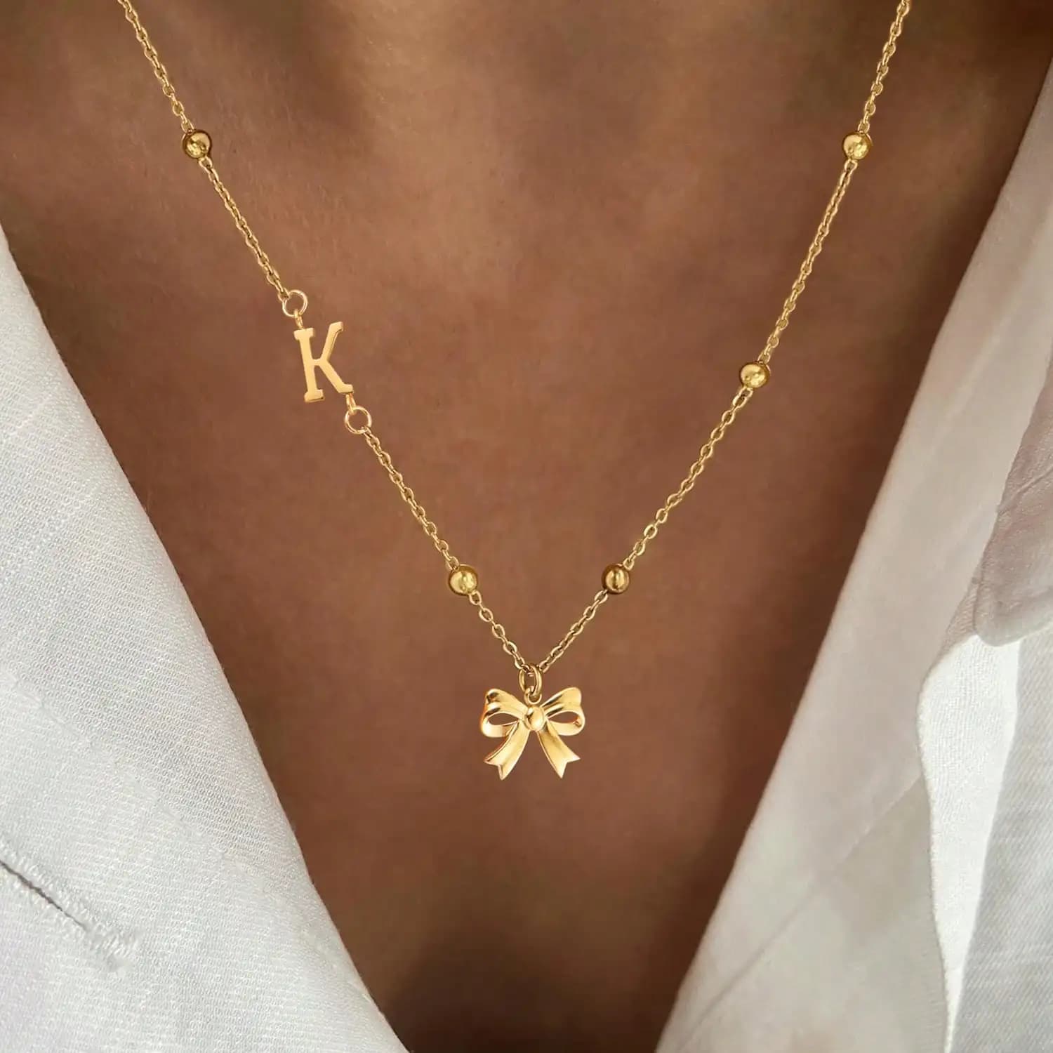 Dainty Gold Color Bowknot Letter Pendant Necklaces for Women Stainless Steel Initials Necklace For Women Mom Valentines Gifts