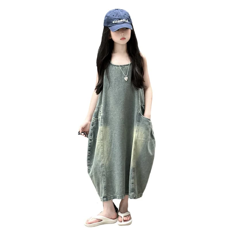 Vintage Blue Kids Girls Denim Dress Sleeveless Streetwear Outfit Fashion Summer Kids Luxury Jeans Clothing