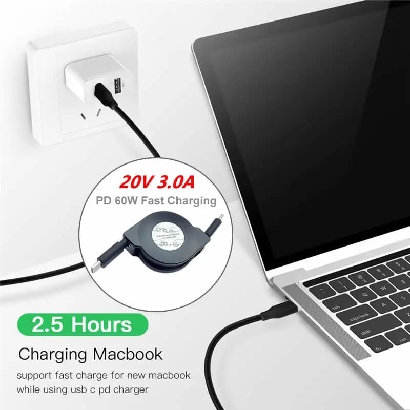 Cavo USB C retrattile da 60 W PD Sincronizzazione dati di ricarica rapida per laptop con interruttore tablet telefono MacBook