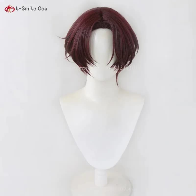 Anime Hayato Suo Cosplay Marrone scuro Rosso 30 cm Parrucche corte Capelli sintetici resistenti al calore Halloween Unisex + Cappellino per parrucca