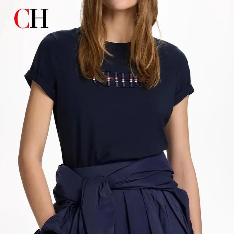 CH Embroidered Letter Short Sleeve T Shirt Women Crew Neck Regular Fit Sporty Casual Breathable Fabric Daily Tops