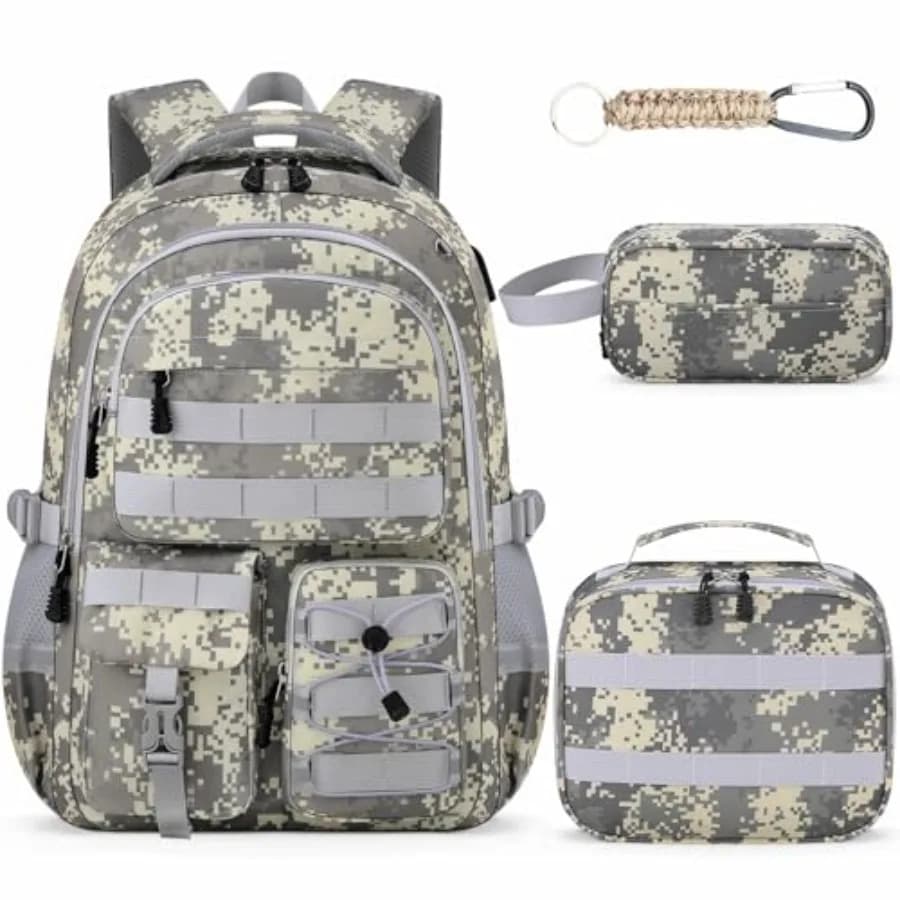 Zaino Scolastico per Ragazzi - Set 4 Pezzi Zaino Mimetico con Porta Pranzo per Adolescenti Scuola Elementare Media Superiore - 18" Camouflage S
