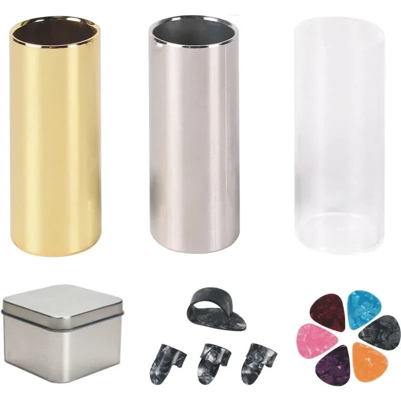 Scivolo per chitarra, set di 1 scivolo in acrilico, 1 scivolo in acciaio e 1 scivolo per chitarra in ottone, 6 plettri per chitarra bonus e 4 plettri per dita