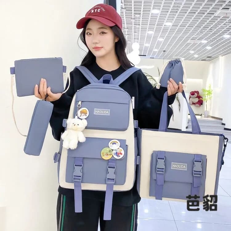 Five-Piece Set Casual Multi-Purpose Breathable Backpack Lightweight Couples School Bag Leisure Double Shoulder Bag Campus Style