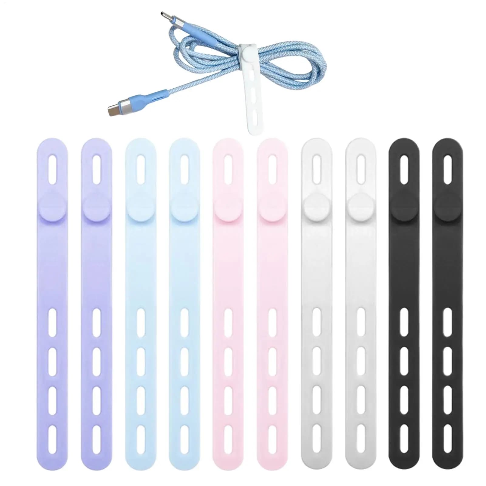 Fascette in silicone riutilizzabili (10 pz) per organizzare cavi di ricarica, auricolari e dispositivi elettronici – Gestione e archiviazione per la scrivania