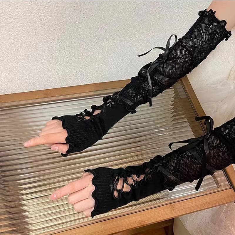 1 Paio di Guanti Neri Gotici DIY con Lacci, Accessori per Abbigliamento, Guanti Elastici in Rete Punk, Guanti Senza Dita in Pizzo per Donne