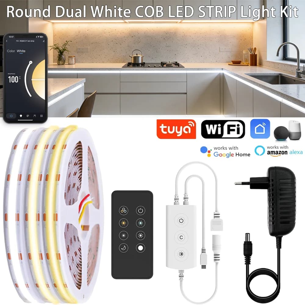 Striscia LED COB WiFi Tuya CCT 1M-5M, Nastro LED Bicolore DC 24V 2700K-6500K, Lampada Decorativa per Armadi e Guardaroba, Compatibile con Alexa e Google