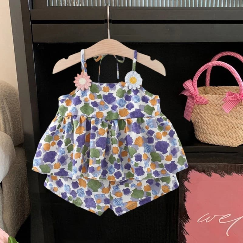 Set di vestiti estivi per bambini Top con fionda a fiori con pantaloncini stampati con conchiglie di mare Set da due pezzi per bambini