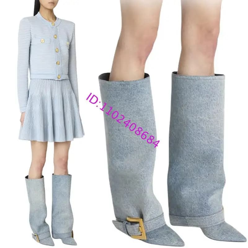 New Arrival Women Metal Belt Buckle High Heel Women's Knee Boots Plus Size Design Pointed Toe Knee High Denim Leather Boots