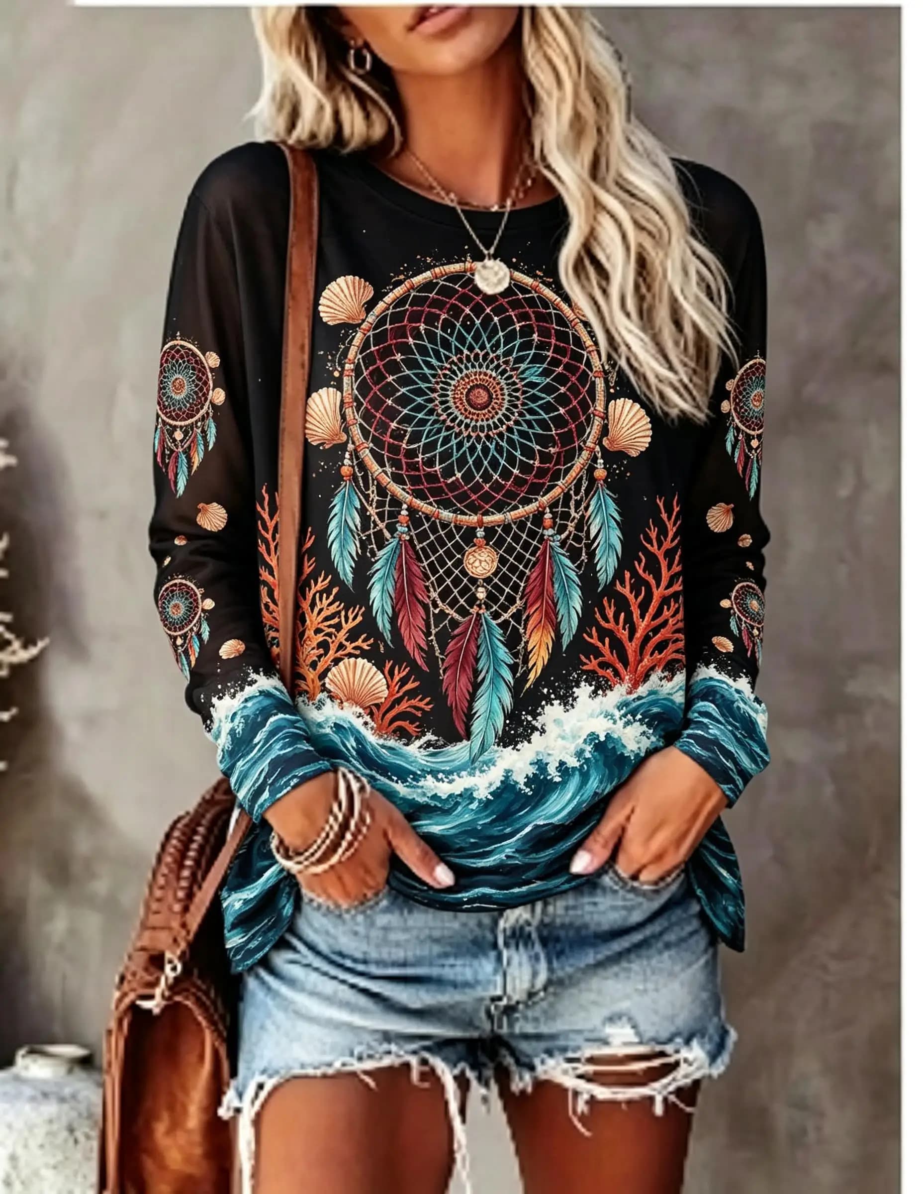 Women's Crew Neck Long Sleeve T-shirt Boho Dreamcatcher Ocean Wave Shell Print Casual Top