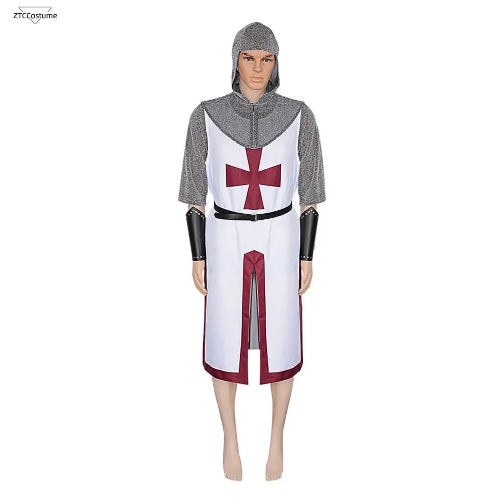 Catena finta Posta The Templari Cosplay Outift Medievale Rinascimentale Armatura Tunica Cavaliere Cowl Crociato Costume Bracciali Cintura in vita Set