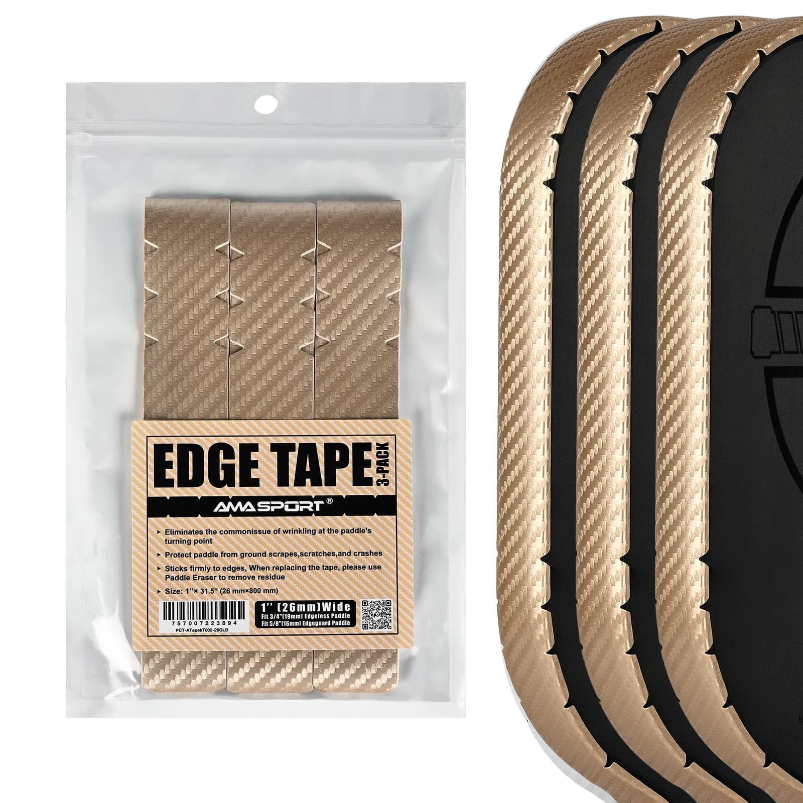 AMASPORT Pickleball Paddle Edge Tape 3K PU Interwoven Texture Fit Curved Edge Guard 20/23/26mm Racket Edge Protection Tapes
