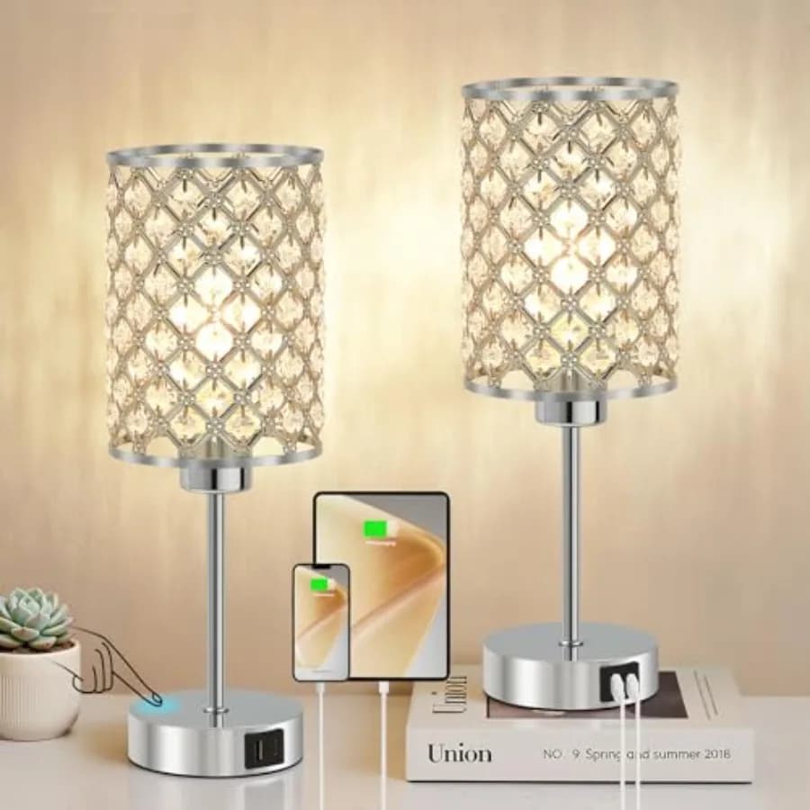 Set di 2 Lampade da Tavolo in Cristallo Argento per Camera da Letto, Dimmerabili, Moderne, con Porte USB-C e USB-A, per Comodino e Scrivania
