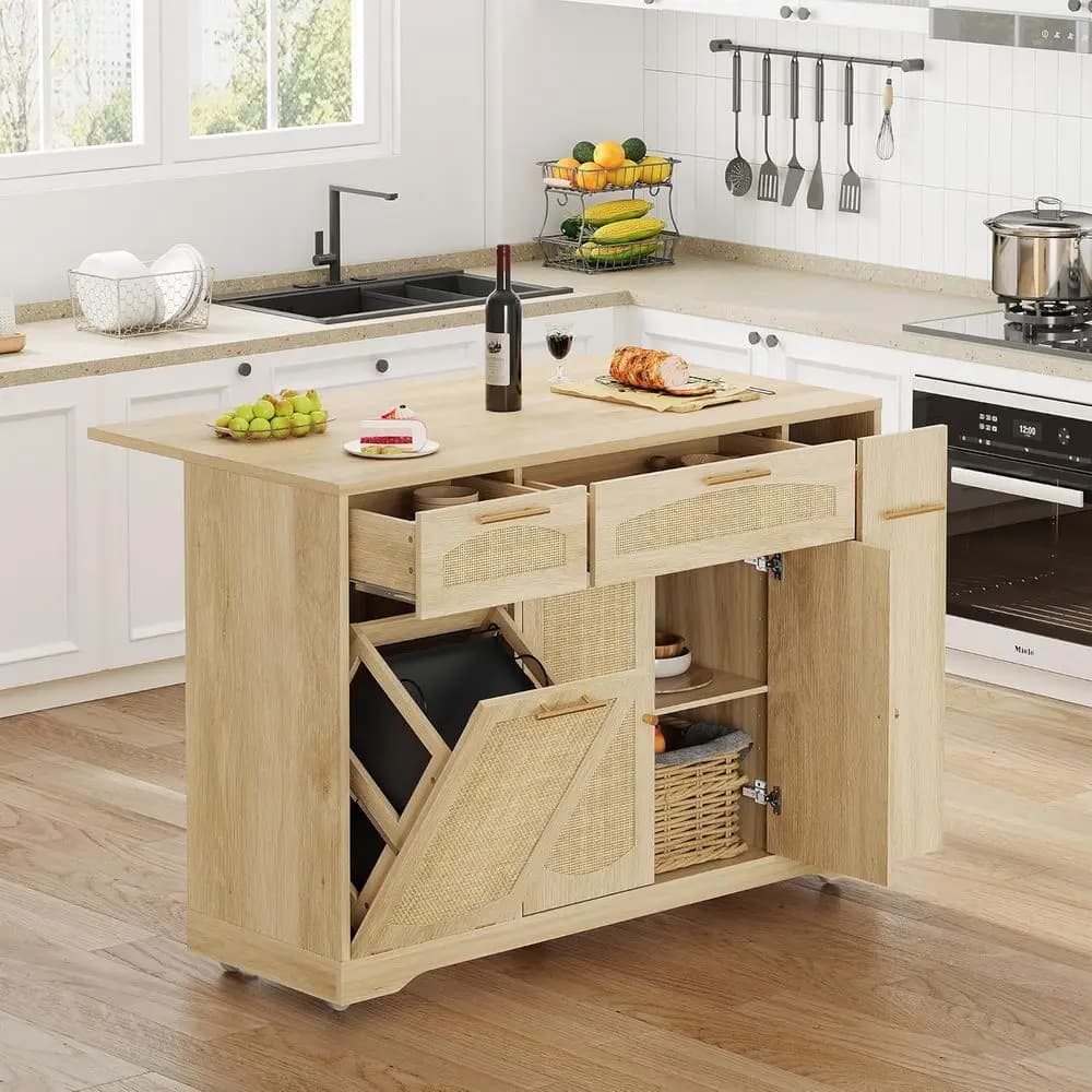 Tavolo da Cucina Rotante in Rattan su Ruote con Piano Ribassato, Mobiletto Porta Rifiuti con 2 Ante, Armadietto Contenitore, 2 Ripiani, Porta Spezie