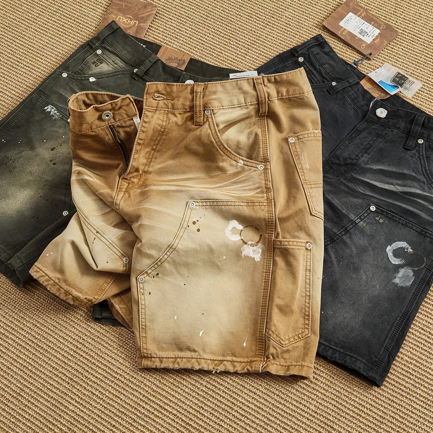 Pantaloncini Cargo Estivi Pesanti 100% Cotone Lavato con Effetto Sfumato e Schizzi di Vernice, Bordi Sfrangiati, Stile American Retro Logger