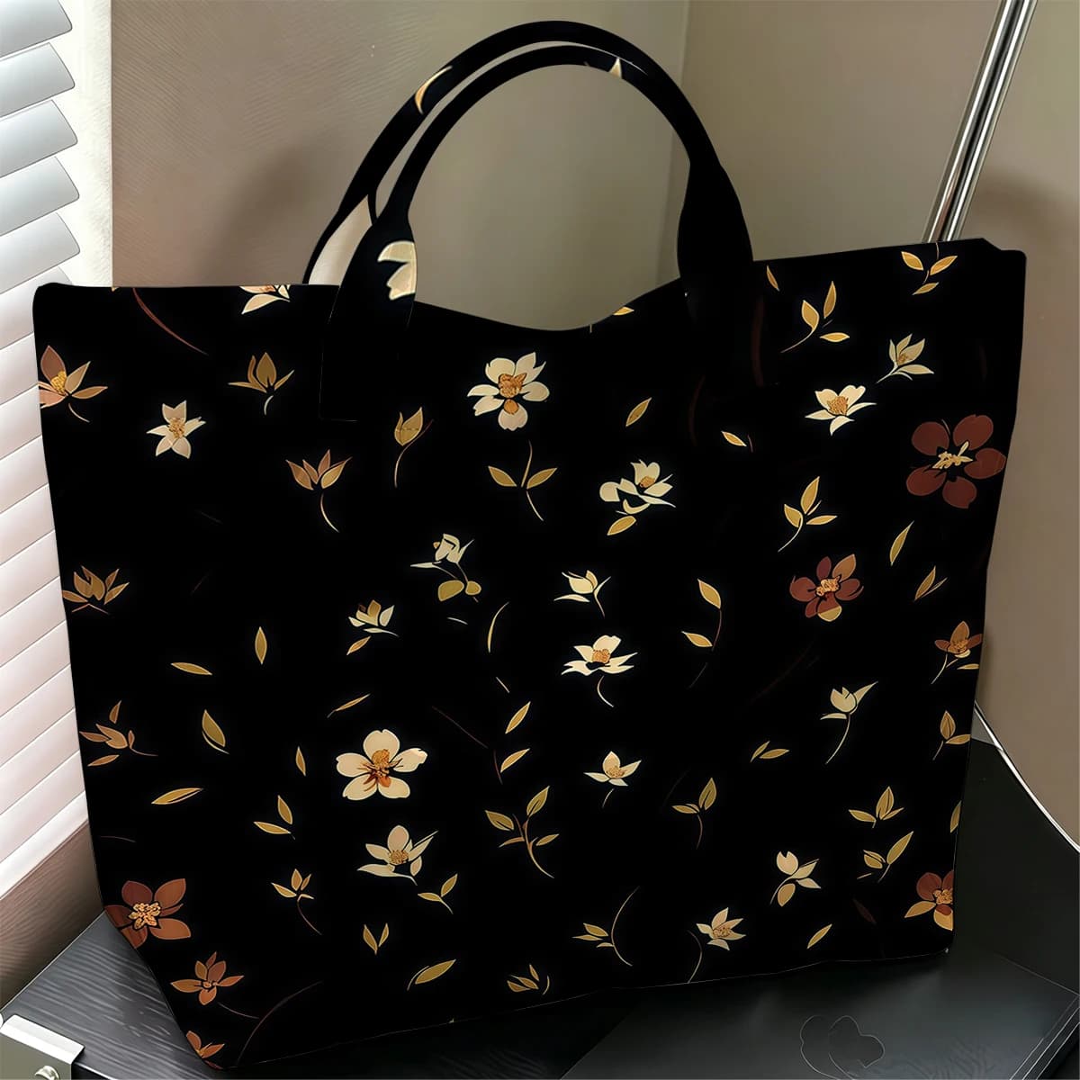 Dark Golden Bloom Cute Large Glossy PVC Tote Bag Hand Washable Lightweight Soft Great for Travel Commute Makeup Storage Handbags