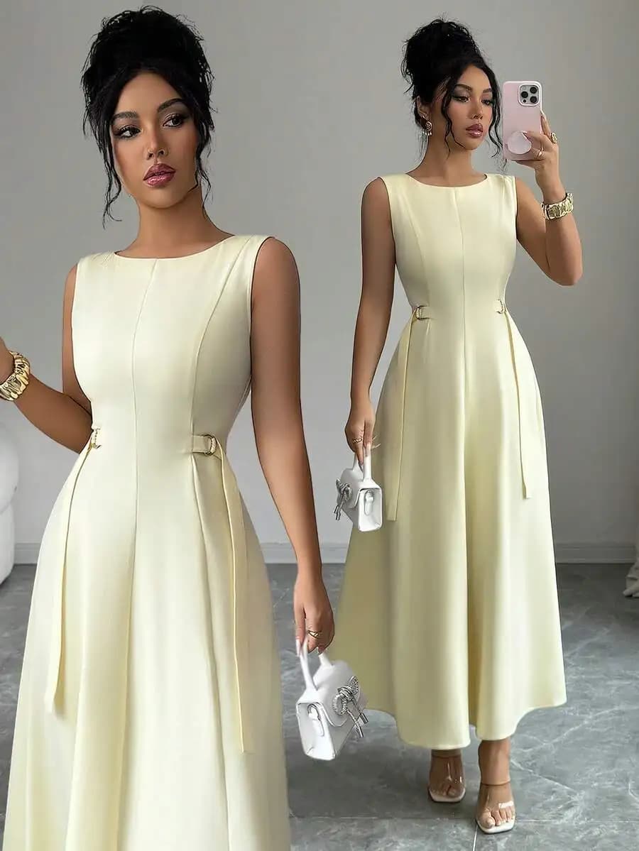 Elegante Abito Senza Maniche con Scollo a Barca e Cintura Regolabile con Fibbia a D, Stile Vintage Francese per Ufficio, Casual, Formale, Spiaggia