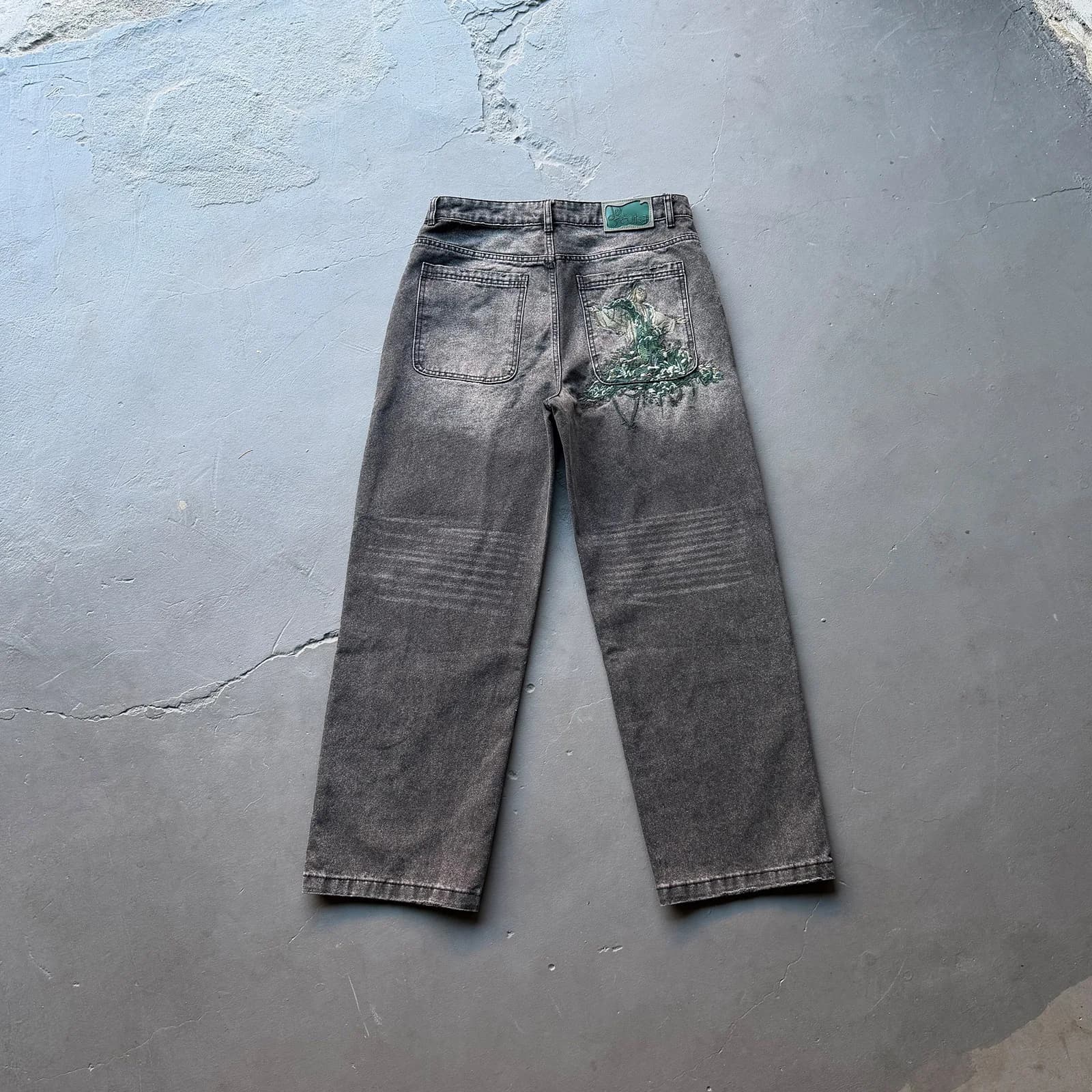 Derschutze 2026 New Street Style Embroidered statue Jeans washed straight leg Men's Fashion Pants