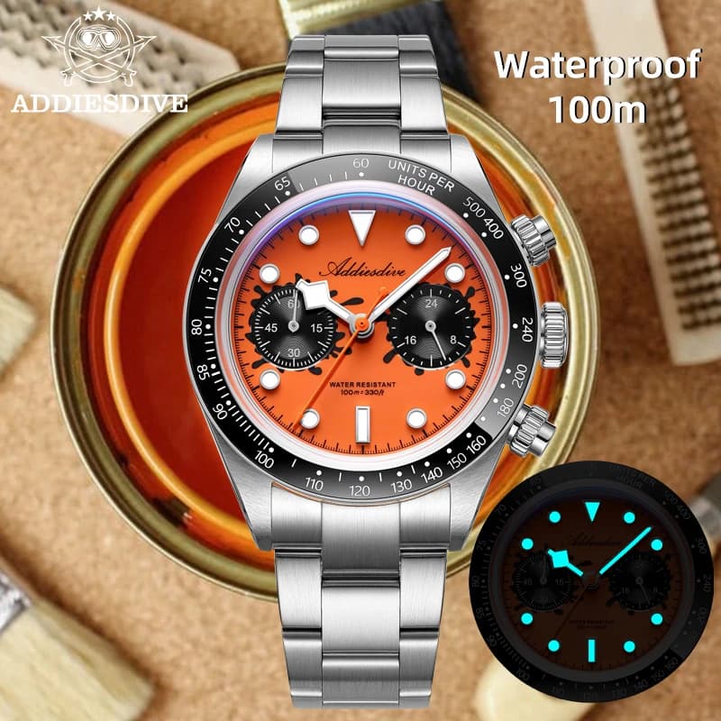 ADDIESDIVE NEW Men's Watch Chronograph Stainless Steel Quartz Watches Mirror Glass Bubble Glass Movement VK64 Waterproof Underwater Watches