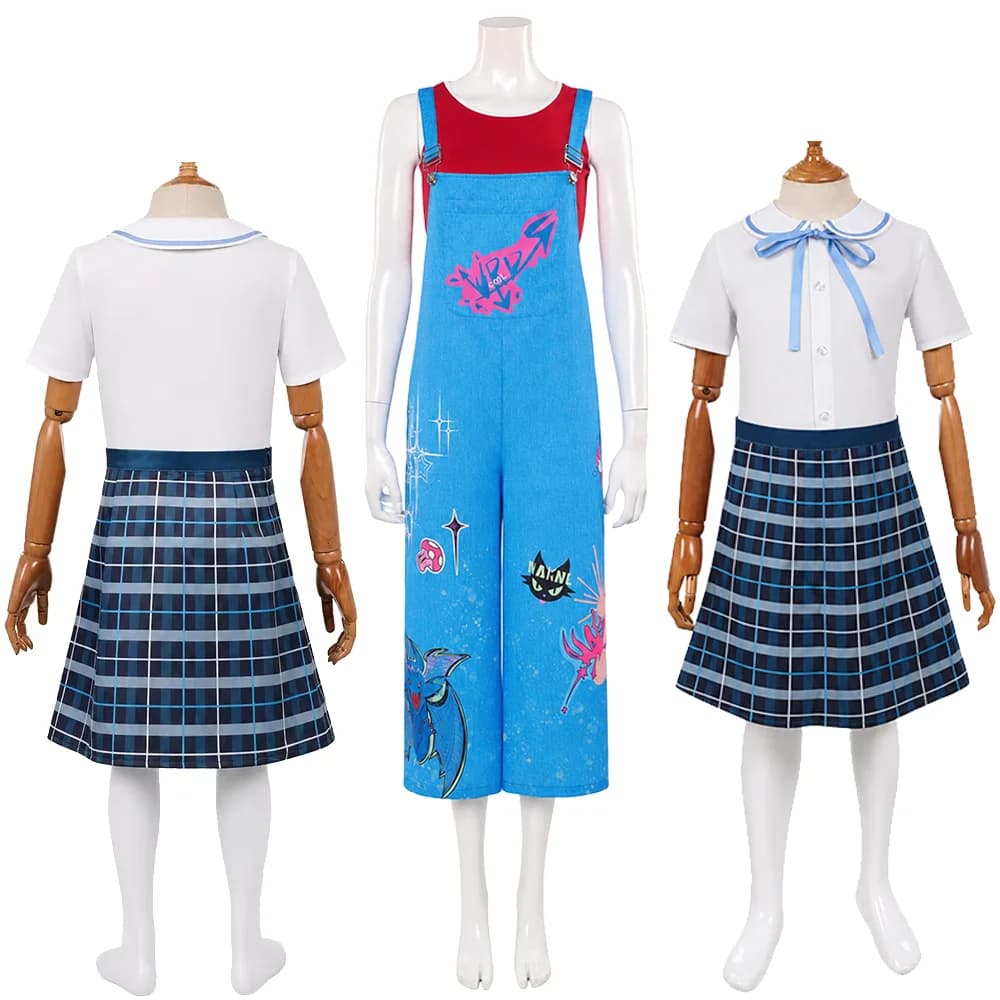 Forgotten Cosplay Island Jo Costume Outfits Blue Printed Overalls Tank Top Sailor Collar Blouse Plaid Skirt Disguise Halloween