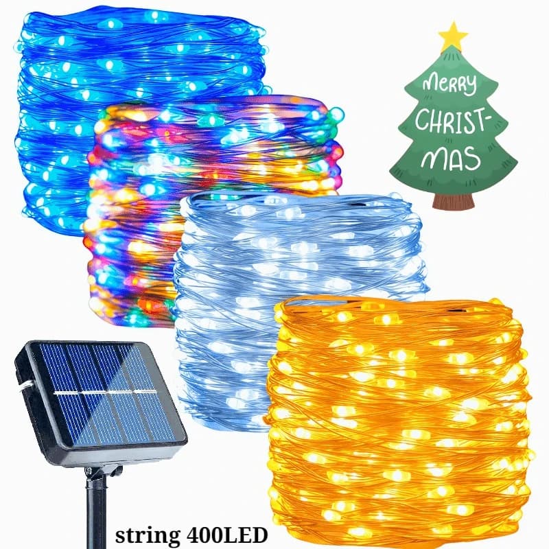 Lucine solari natalizie Stringa di luci a led per esterni Totale 400LED 8 modalità Luci a corda impermeabili per le vacanze in giardino