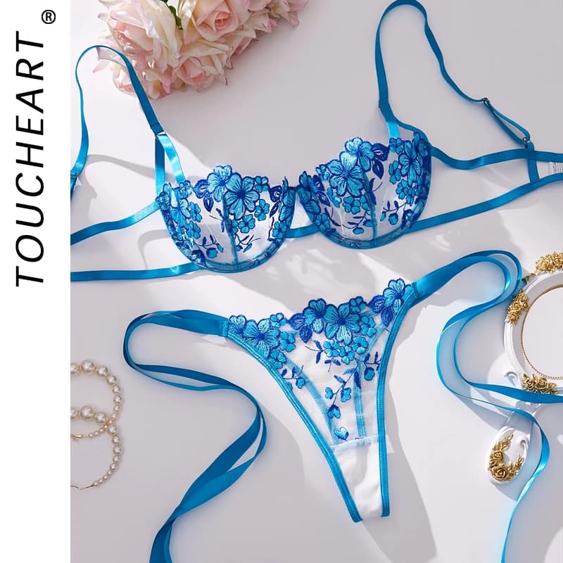 Toucheart Set da 2 pezzi Set di lingerie ricamata Set di reggiseno trasparente e slip da donna Intimo sexy in raso Intimo trasparente