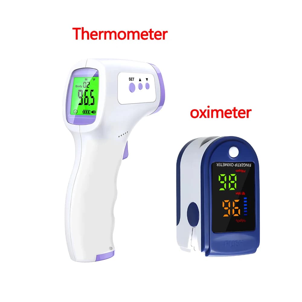 Contactless IR thermometer for body temperature measurement, digital thermometer for fever or portable oxymeter for blood oxygen measurement.