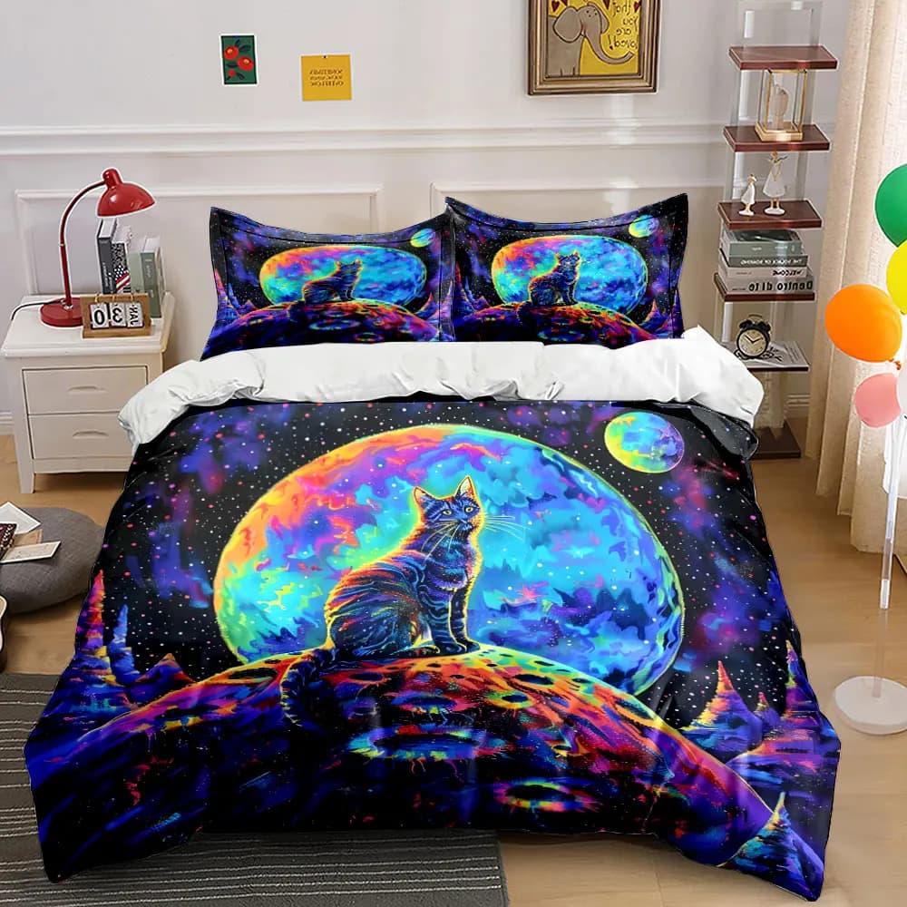 Set di biancheria da letto con stampa Mysterious Cat in Rainbow Universe, 1 copripiumino, 2 federe per adulti e bambini, regalo di lusso, dimensioni standard