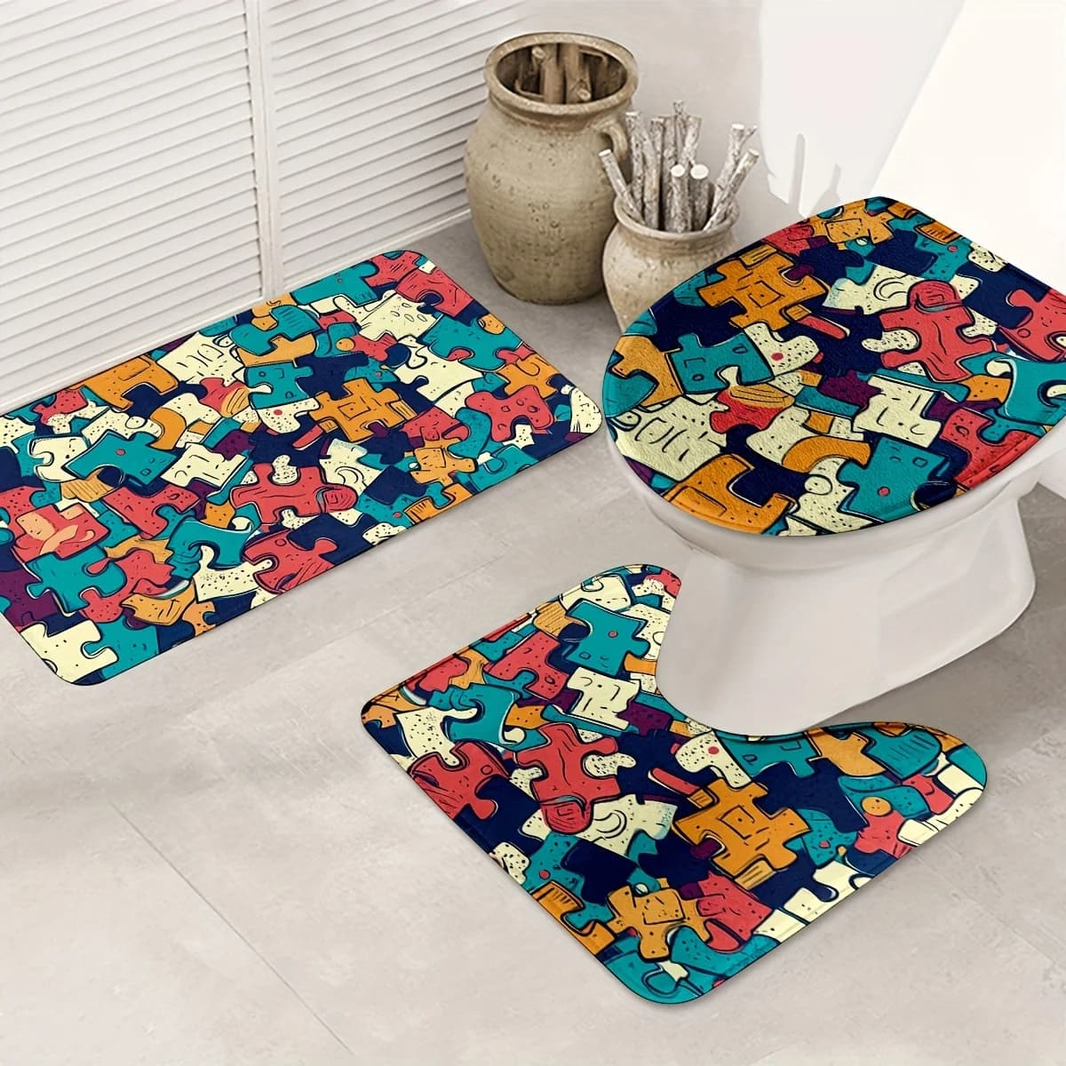 Set di 3 Tappetini Puzzle Antiscivolo per Bagno, Tappeto Impermeabile per Pavimento, Zerbino per Accessori Arredo Casa