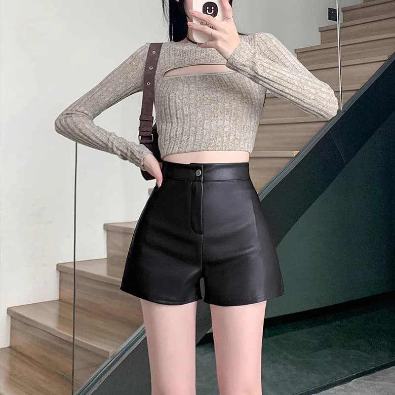 High Waist Black PU Leather Elastic Casual Shorts Women's Autumn Winter American Hot Girl Bootie Pants A-Line Slimming Boot P...