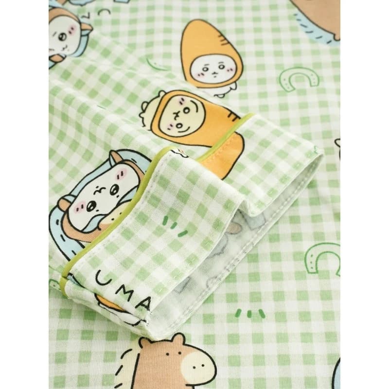 Set Pigiama Carino Chiikawa Kawaii Hachiware Usagi con Stampa a Quadri Verde, Maniche Lunghe e Pantaloni, Morbido e Comodo Abbigliamento da Notte e Loungewear per Ragazze