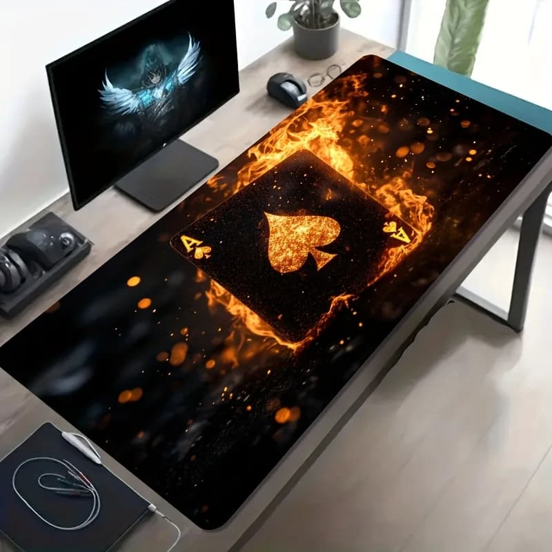 Tappetino per Mouse da Gaming Flame Ace of Spades, Grande Tappetino da Scrivania con Motivo di Carte da Gioco, Antiscivolo in Gomma XL