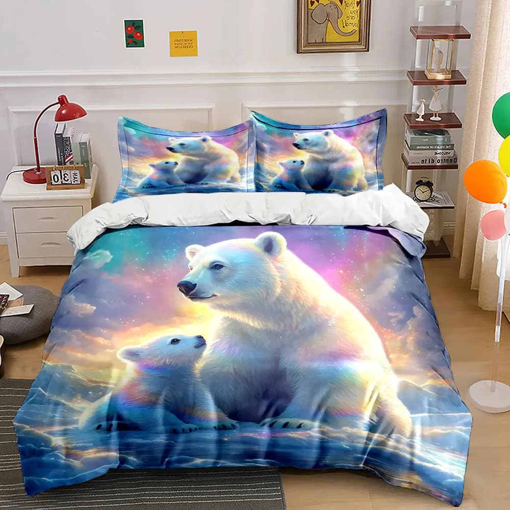 Set di biancheria da letto con stampa orso polare madre e cucciolo sotto l'aurora, 3 pezzi, 1 copripiumino, 2 federe per adulti e bambini, regalo di lusso