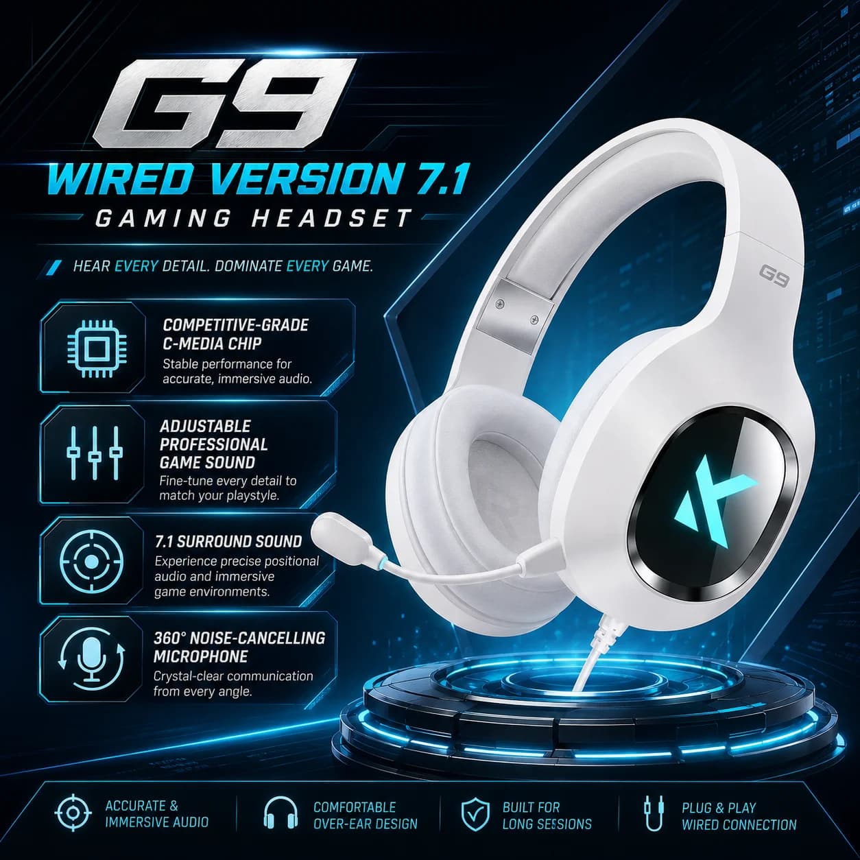 MCHOSE G9 Wired Gaming Headset, 7.1 Surround Sound 50mm Driver RGB Lighting Earpads Noise Cancelling Mic for PC Laptop Gamers