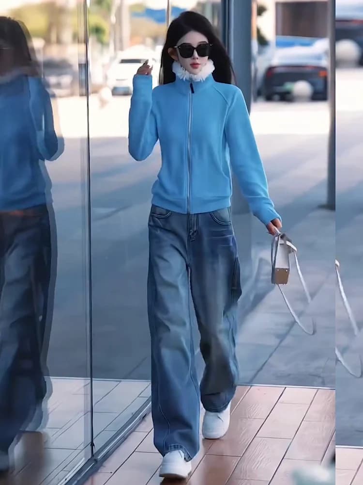 Set Donna Invernale 2026: Giacca in Denim Blu Spesso e Jeans a Gamba Larga - Collezione Salt Series, Completo Casual Sportivo Due Pezzi