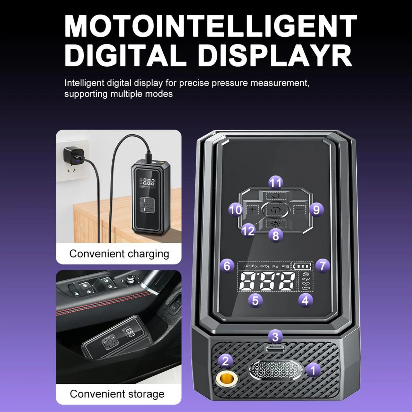 Pompa d'aria per auto senza fili Auto-Stop con luci Pompa d'aria per pneumatici per auto Gonfiatore portatile per gonfiabili automatici per palla da bici da moto