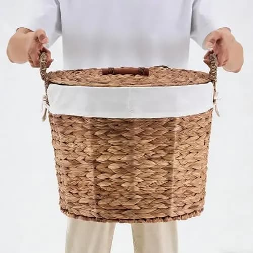 Round Laundry Hamper with Lid and a Removable Liner Bag, Handwoven Water Hyacinth Laundry Basket for Laundry Room