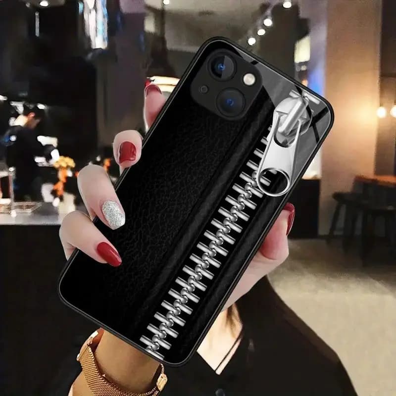 Cool Zipper Print Black Leather Texture Phone Case for iPhone 17/16/16ProMax/15/14/13/12ProMax/11/11Pro Anti-drop protection