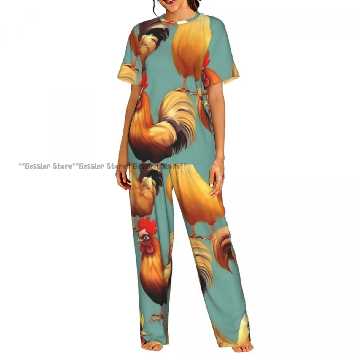 Short Sleeved Rooster And Chickens Set For Home