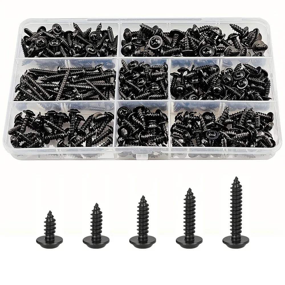 Kit di viti autofilettanti a testa Phillips nera M3 da 460 pezzi con rondella, 5 misure, per prodotti in legno, giocattoli e cornici