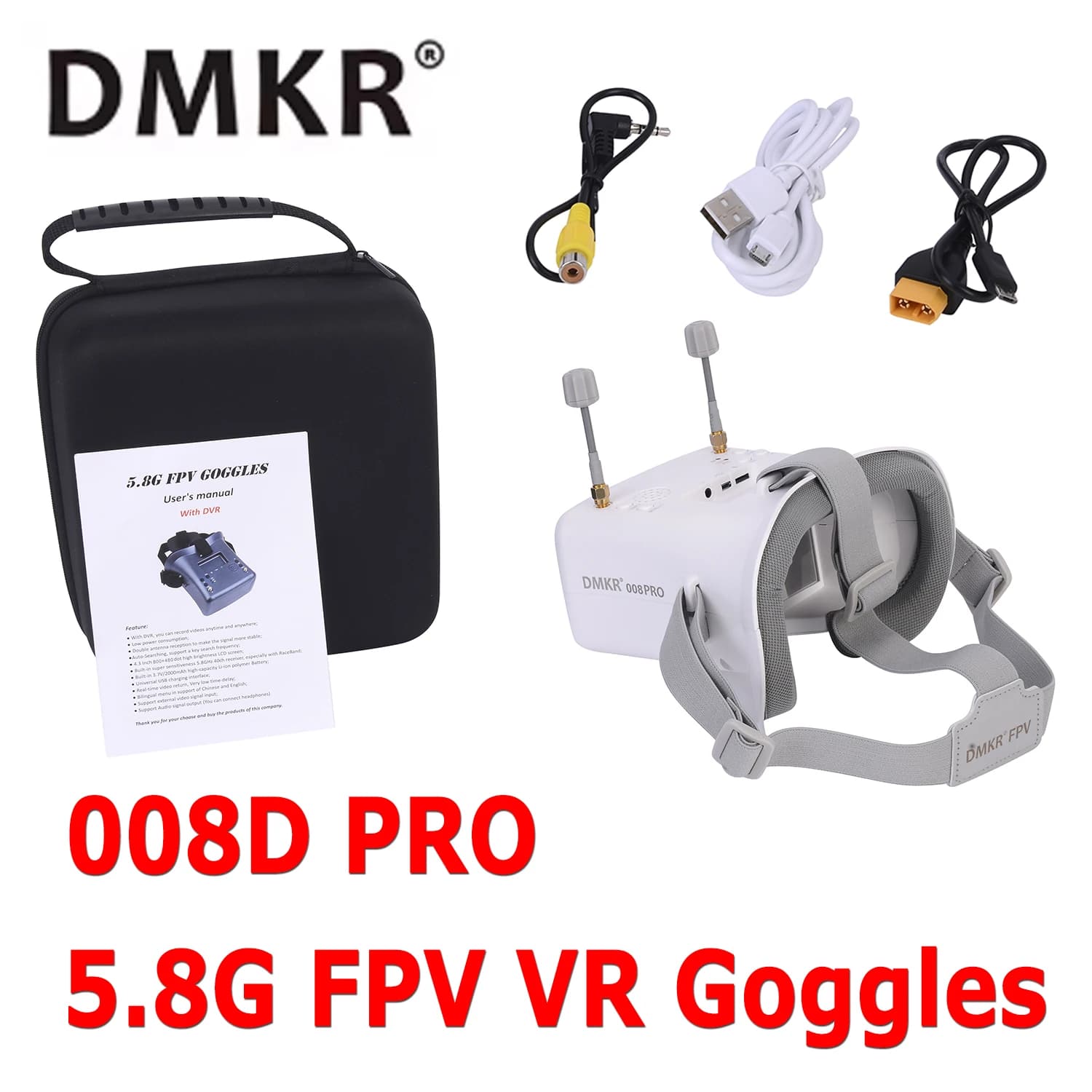 DMKR 008DPRO 5.8G FPV VR Goggles with DVR 5.8GHz 40ch Receiver 3.7V/2000mAh Battery 4.3 inch HD LCD 16:9 for Racing Drone Parts