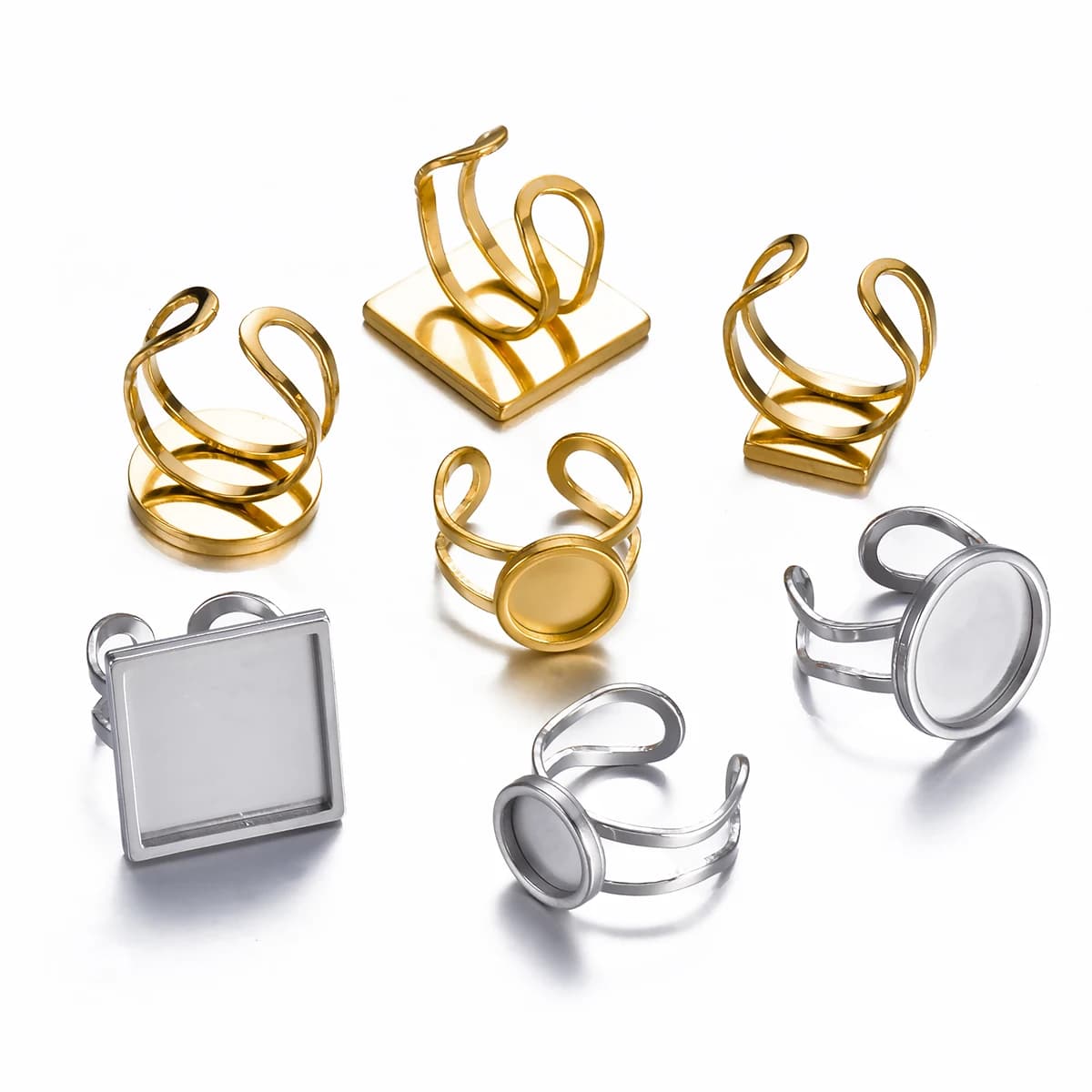 4PCS Stainless Steel Adjustable Ring Round Square Settings Blank Base Glass Cabochons Bezels Jewelry Making Fit for 10mm-25mm