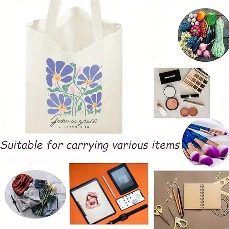 Floral Print Canvas Tote Bag For Women And Men - Beige Reusable Shopping Bag With Bible Verse, Spacious Durable Design
