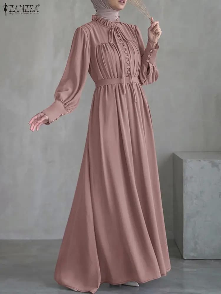 ZANZEA Hijab Women's Maxi Low Dresses Elegant Luxury Ribbed Collection Waisted Long Sleeve Long Dress Muslim Abaya Vestaglie S-3XL