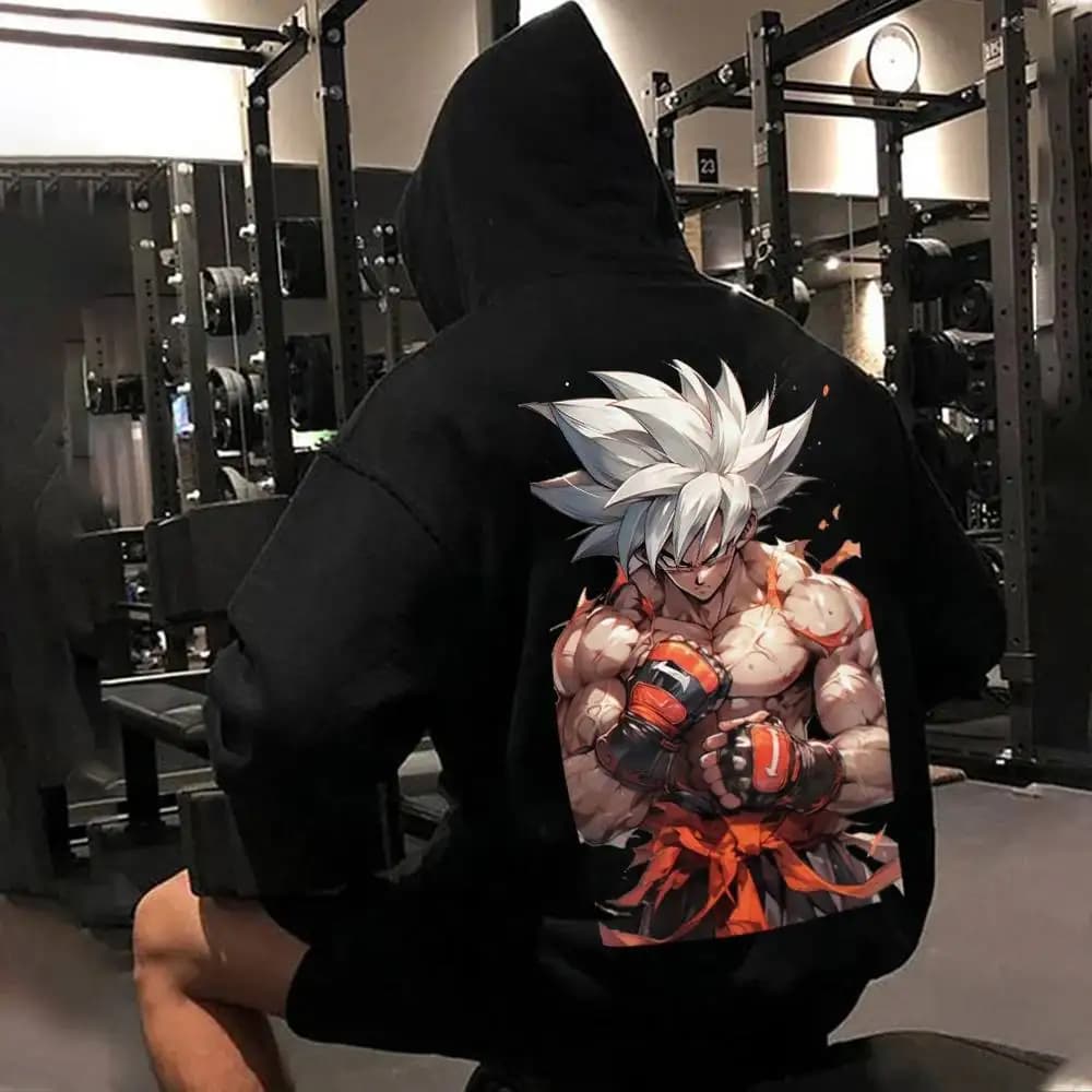 Felpa con cappuccio Dragon Ball Z Personaggio anime in cotone nero con capelli appuntiti bianchi e felpa casual a maniche lunghe con stampa Gi arancione