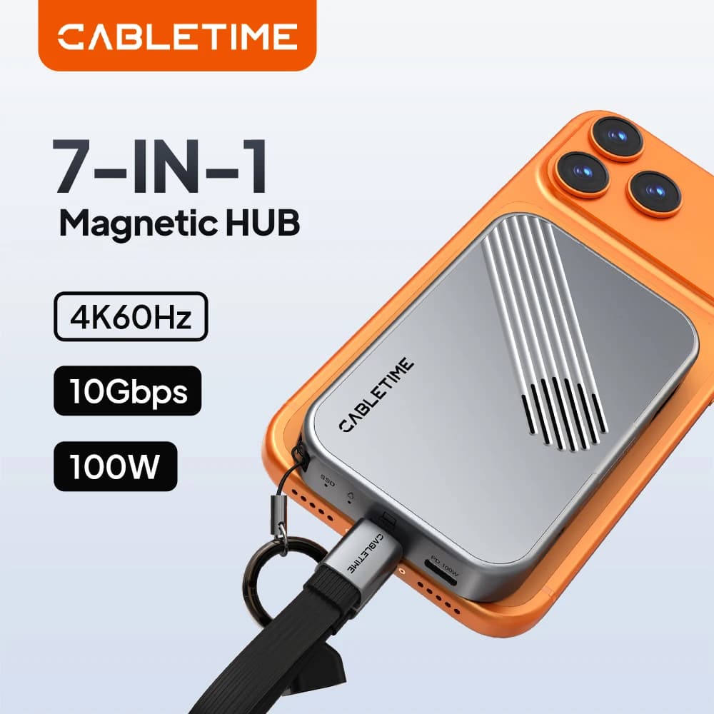 CABLETIME Hub USB-C Magnetico 7-in-1 con SSD NVMe, Registrazione Video 4K ProRes, SD/TF 3.0 e Attacco Magnetico Potente per iPhone 17/16/15