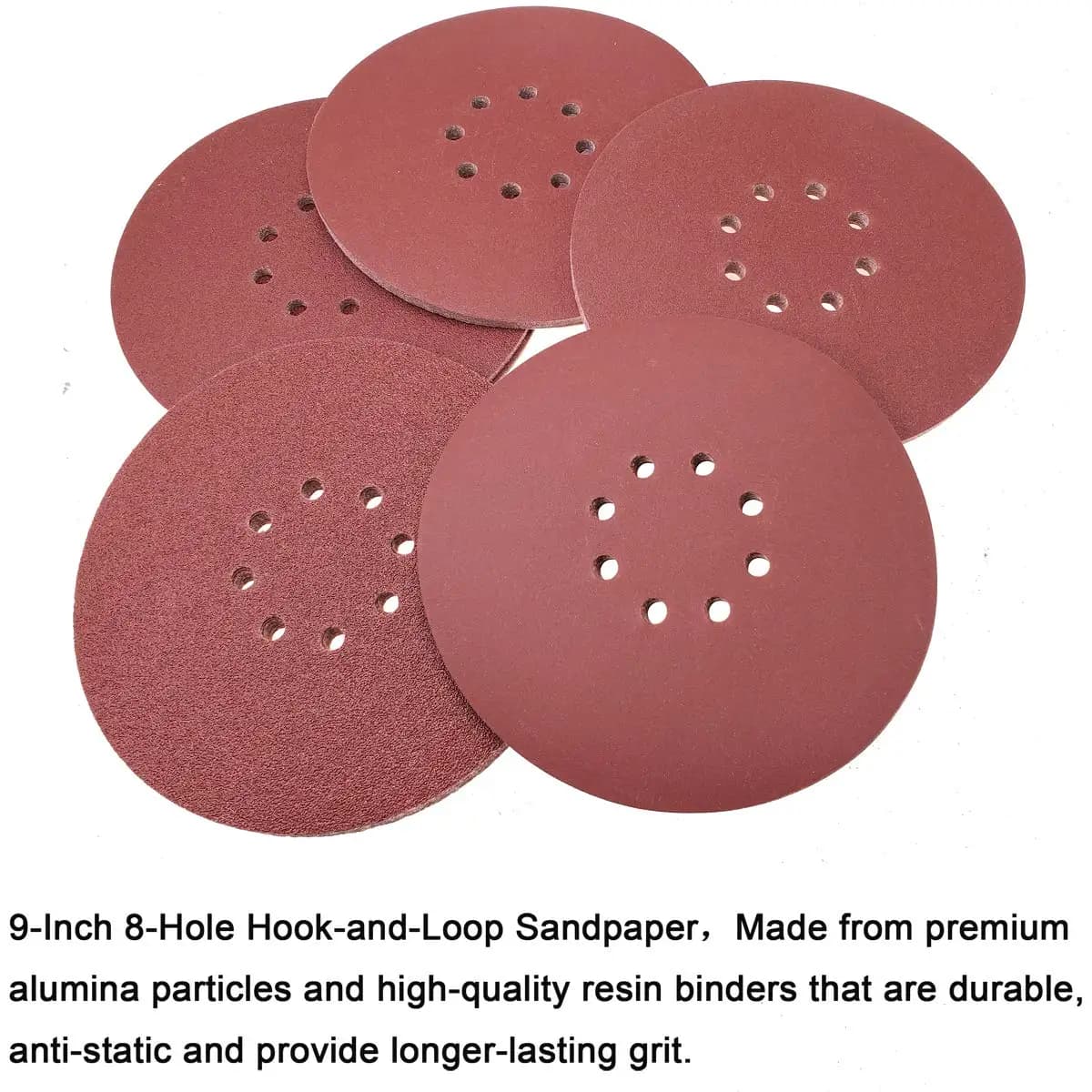 Carta vetrata in allumina da 9 pollici a 8 fori Grana 40-2000 Tampone abrasivo con gancio e anello per levigatrice orbitale casuale Legno automatico Metallo Vetro