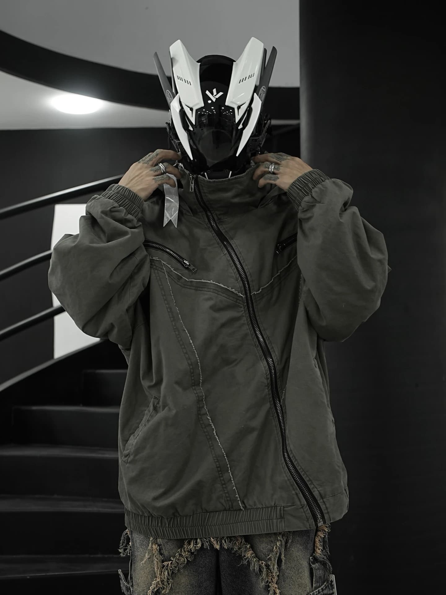 Irregular Design Functional Cotton-Padded Clothes Stitching Oblique Placket Jacket High Street Loose Turtleneck Tooling