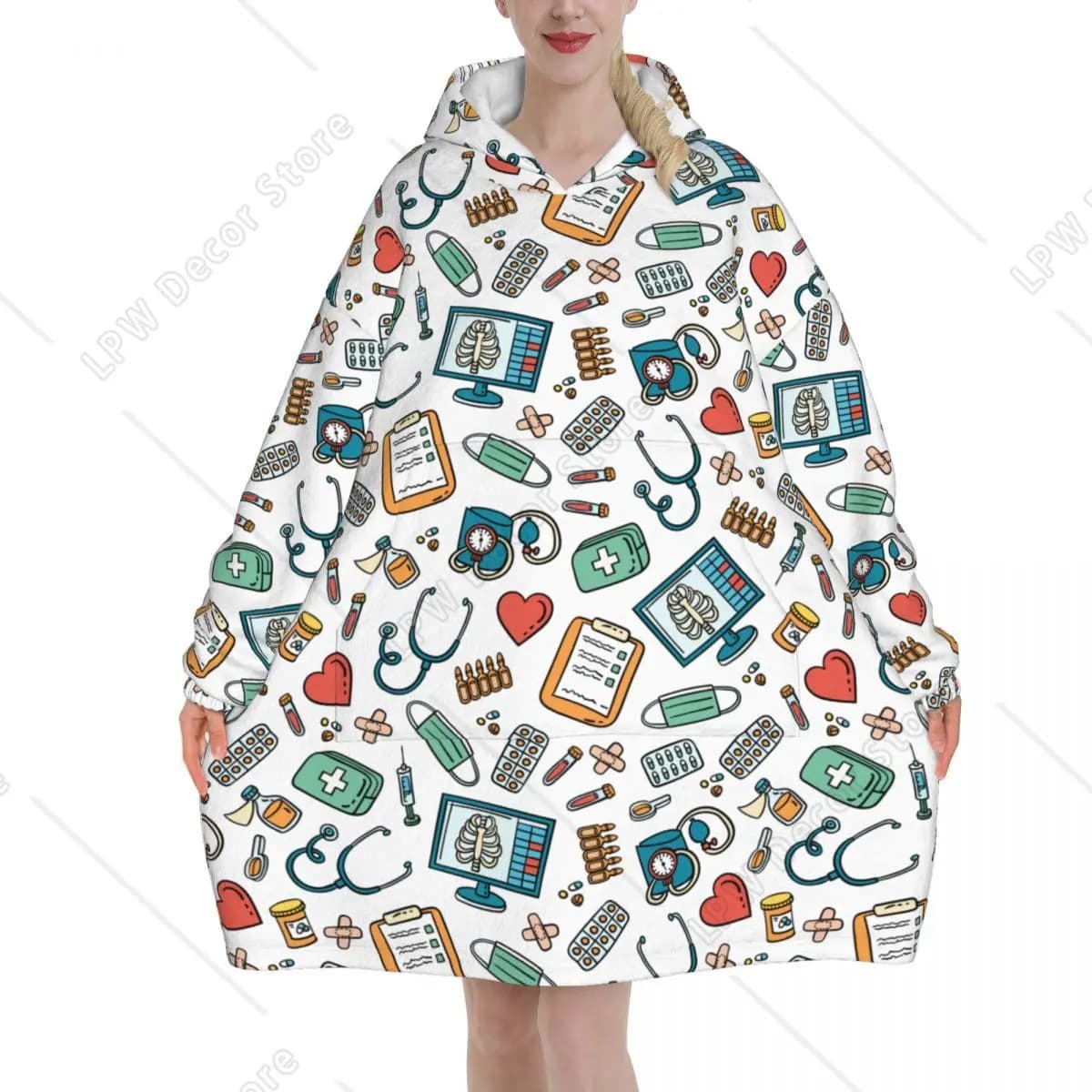 Medical Theme Symbols Cover with Hood Wearable Nursing Instruments Oversize Cover with Pocket Warm Drying