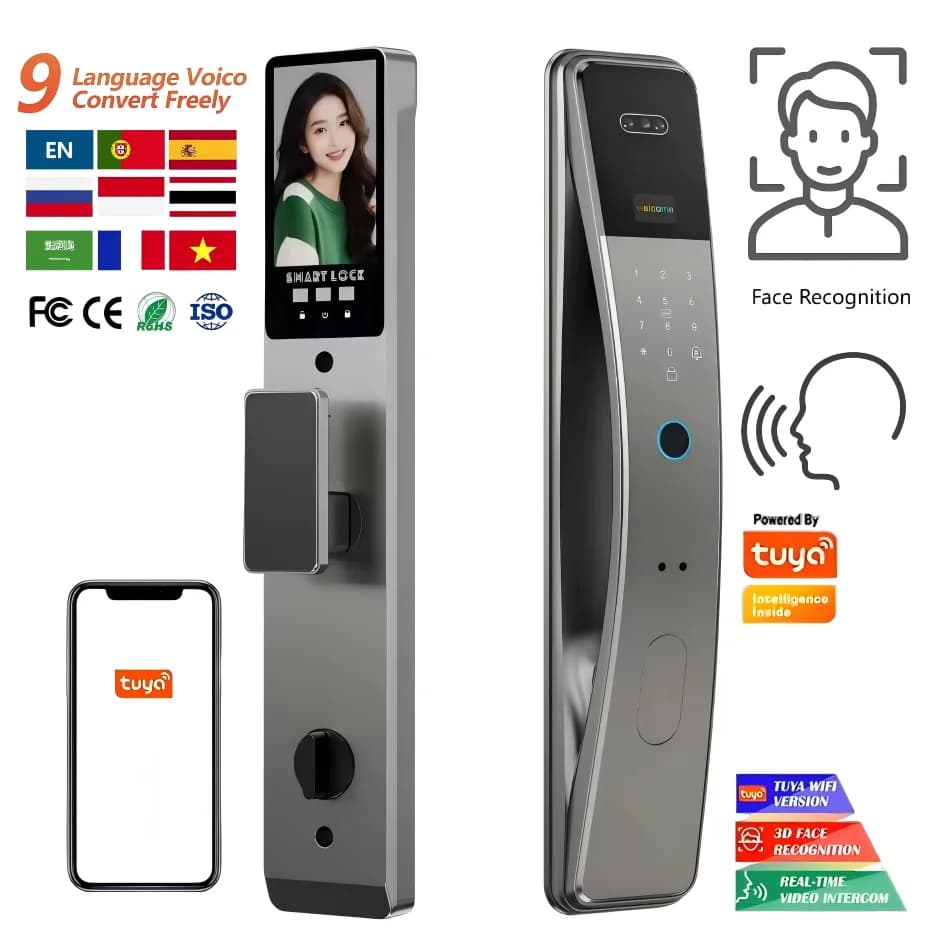 Tuya Videocitofono attivo Riconoscimento facciale 3D Nuovo design Smart Lock WiFi digitale per accesso al codice della scheda delle impronte digitali della porta in legno